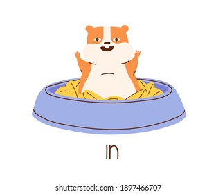 Cute hamster demonstrating English preposition of place by sitting in bowl with food. Funny animal and inscription isolated on white background. Colored flat vector illustration for language learning