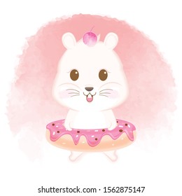 Cute hamster with donut hand drawn cartoon animal watercolor style illustration