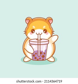 Cute hamster drinking bubble tea cartoon