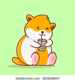 cute hamster drinking ice, flat illustration