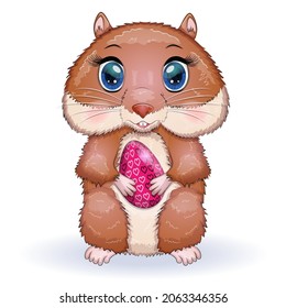 Cute hamster with easter egg, hamster cartoon characters, funny animal character, Easter concept, postcard