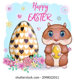 Cute hamster with easter egg, hamster cartoon characters, funny animal character, Easter concept, postcard