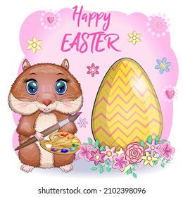 Cute hamster with easter egg, hamster cartoon characters, funny animal character, Easter concept, postcard