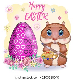 Cute hamster with easter egg, hamster cartoon characters, funny animal character, Easter concept, postcard