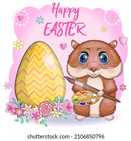 Cute hamster with easter egg, hamster cartoon characters, funny animal character, Easter concept, postcard