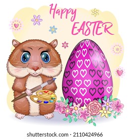 Cute hamster with easter egg, hamster cartoon characters, funny animal character, Easter concept, postcard