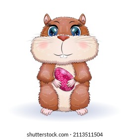 Cute hamster with easter egg, hamster cartoon characters, funny animal character, Easter concept, postcard