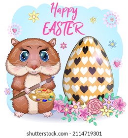 Hermoso hámster con huevo de Pascua, personajes de caricatura de hámster, personaje de animal divertido, concepto de Pascua, postal
