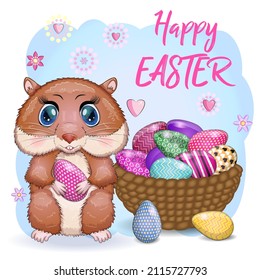 Cute Hamster mit Osterei, Hamstercharakter, lustiger Tiercharakter, Osterkonzept, Postkarte