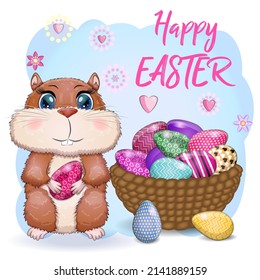 Cute hamster with easter egg, hamster cartoon characters, funny animal character, Easter concept, postcard