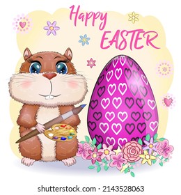 Cute hamster with easter egg, hamster cartoon characters, funny animal character, Easter concept, postcard