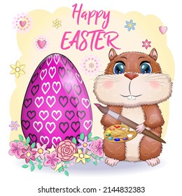 Cute hamster with easter egg, hamster cartoon characters, funny animal character, Easter concept, postcard