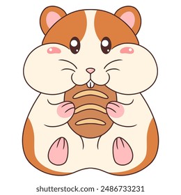 Cute Hamster Eating Bread On White Background, Animal Cartoon Illustration, Vector