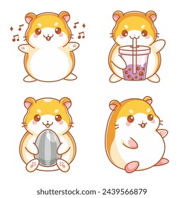 Cute hamster eating cartoon style set