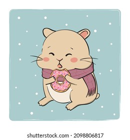 Cute hamster eating donut. Christmas card design with cartoon character.