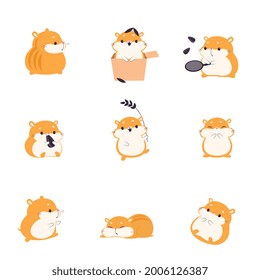 Cute Hamster Eating Seeds Set, Adorable Funny Pet Animal Characters Cartoon Vector Illustration