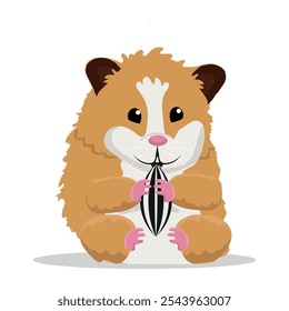 Cute hamster eating a sunflower seed, vector illustration with white background.