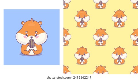 Cute hamster eats seed. Seamless pattern with funny cartoon rodent kawaii character on yellow. Isolated card and background. Vector illustration. Kids collection