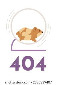 Cute hamster fast running in wheel error 404 flash message. Empty state ui design. Page not found popup cartoon image. Vector flat illustration concept on white background