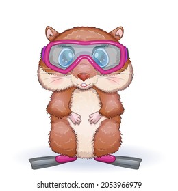 Cute hamster in flippers and glasses, summer concept, hamster cartoon characters, funny animal character.