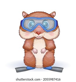 Cute hamster in flippers and glasses, summer concept, hamster cartoon characters, funny animal character.