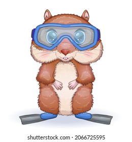 Cute hamster in flippers and glasses, summer concept, hamster cartoon characters, funny animal character.