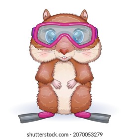 Cute hamster in flippers and glasses, summer concept, hamster cartoon characters, funny animal character.