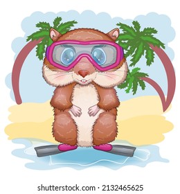 Cute hamster in flippers and glasses, summer concept, hamster cartoon characters, funny animal character.