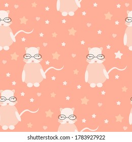 Cute hamster with glasses on a pink background. Design of books, notebooks, notebooks, t-shirts, fabrics. Vector isolated illustration with a Cute hamster. Children's print. Seamless pattern.