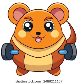 Cute Hamster Gym Fitness Cartoon Vector Kawaii Icon Illustration. Hamster Mascot Cartoon Character. Animal Icon Concept White Isolated. Flat Cartoon Style Suitable for Web Landing Page, Banner, Flyer,