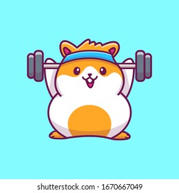 Cute Hamster Gym Fitness Vector Icon Illustration. Hamster Mascot Cartoon Character. Animal Icon Concept White Isolated. Flat Cartoon Style Suitable For Web Landing Page, Banner, Flyer, Sticker, Card