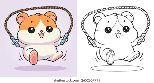 Cute hamster happily jumping rope in a playful pose. Perfect for kids' coloring page. Main object and background are separated in different layers.