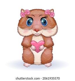 Cute hamster and heart, cartoon hamster characters, funny animal in love, st.valentine day card