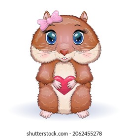 Cute hamster and heart, cartoon hamster characters, funny animal in love, st.valentine day card
