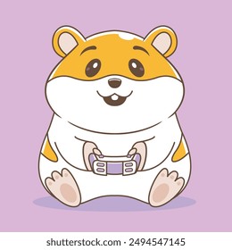 cute hamster holding controller and playing video game. cartoon vector illustration mascot technology animal isolation