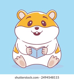lindo hámster está sosteniendo y leyendo un libro. Ilustración vectorial de dibujos animados mascota educativa animal aislado 