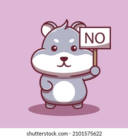 Cute hamster holding a sign that says No. cartoon character. Flat cartoon style. Animal concept isolated on purple background.