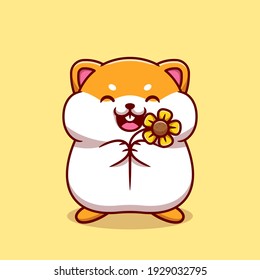 Cute Hamster Holding Sun Flower Cartoon Vector Icon Illustration. Animal Nature Icon Concept Isolated Premium Vector. Flat Cartoon Style