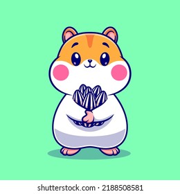 Cute Hamster Holding Sunflower Seed Cartoon Vector Icon Illustration. Animal Food Icon Concept Isolated Premium Vector. Flat Cartoon Style