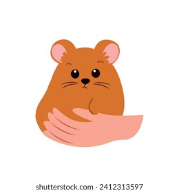 Cute hamster in human hands. Vector illustration in cartoon style