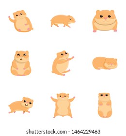 Cute hamster icon set. Cartoon set of 9 cute hamster vector icons for web design isolated on white background