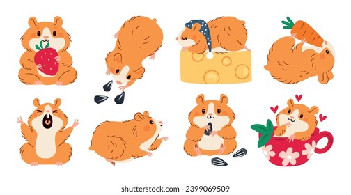 Cute hamster. Little animal. Rodent mascot. Different actions and poses. Domestic rat eats seeds or cheese. Pet holding strawberries and carrots. Adorable mammal in cup