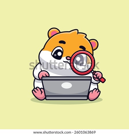 Cute Hamster Looking Laptop With Magnifying Glass Cartoon Vector Icon Illustration. Animal Technology Icon Concept Isolated Premium Vector. Flat Cartoon Style