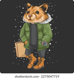 cute hamster mascot vector design wearing cool winter clothes