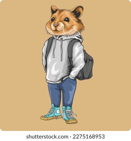 cute hamster mascot vector design wearing white hoodie jean pants and sneakers