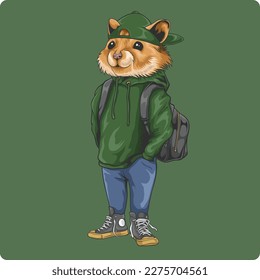cute hamster mascot vector design wearing green hoodie jeans sneakers and green hat
