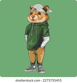 cute hamster mascot vector design wearing green hoodie, brown pants, sneakers and white hat