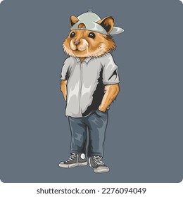 diseño vectorial de mascota de hamster lindo vestido con pantalones vaqueros de camisa blanca y sombrero blanco