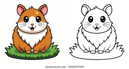 Cute Hamster On Grass Coloring Book For Kids Printable Vector