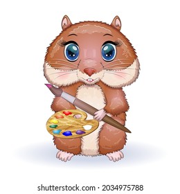 Cute hamster with paints and brush, concept artist, hamster cartoon characters, funny animal character.